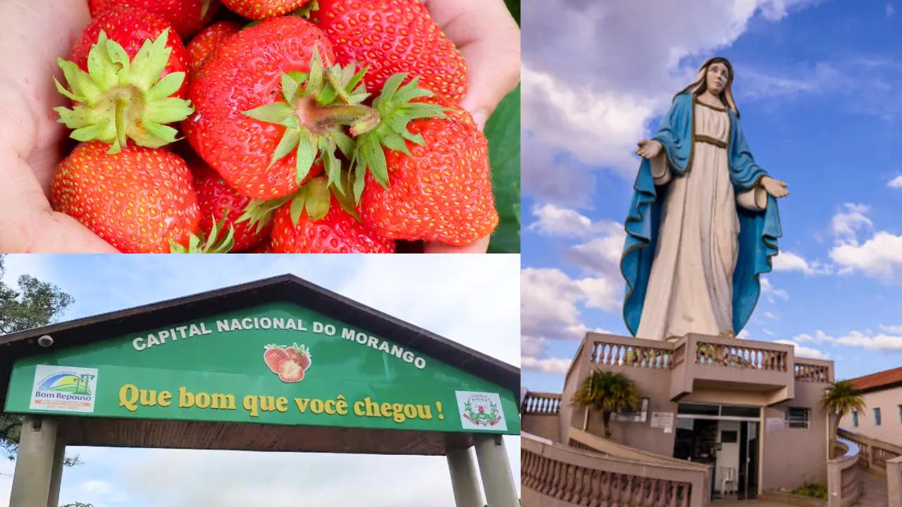 Montagem com morangos frescos, uma estátua religiosa e uma placa de boas-vindas.