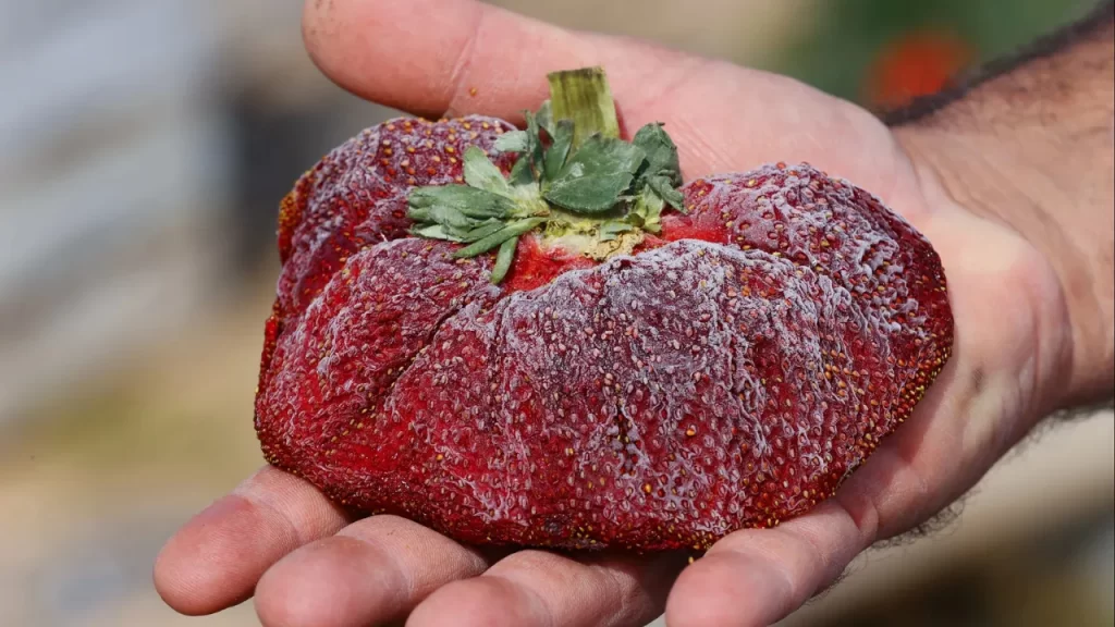 Um morango gigante e achatado na palma de uma mão, ao lado de um morango pequeno na outra mão.