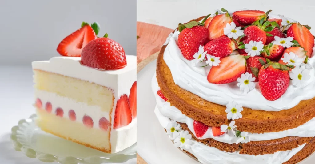 Dois bolos decorados com morangos para o Dia das Mães: à esquerda, uma fatia de bolo branco com camadas de creme e morangos inteiros no recheio e na cobertura; à direita, um bolo rústico de camadas com chantilly, morangos frescos e pequenas flores brancas decorando o topo.