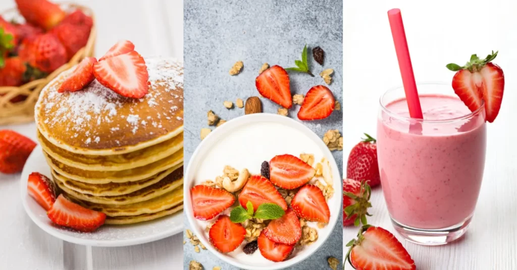 Três sugestões de pratos com morangos para o Dia das Mães: panquecas empilhadas cobertas com morangos frescos, tigela de iogurte com granola e morangos fatiados, e um copo de smoothie rosa decorado com morango na borda.