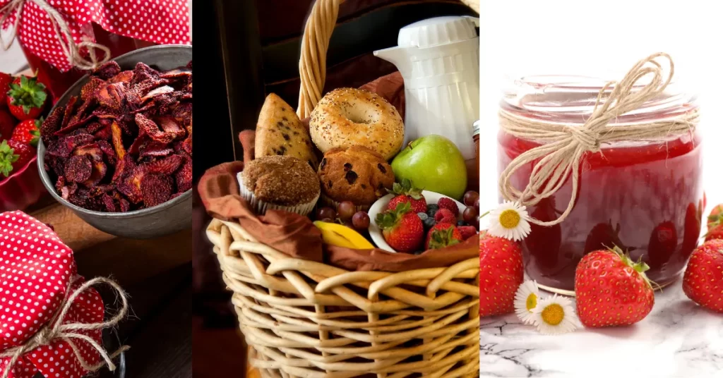 A esquerda, morangos desidratados em tigela e potes decorados com tecido vermelho de bolinhas; ao centro, cesta de café da manhã com pães, frutas, muffins, morangos frescos e uma jarra de leite; à direita, pote de geleia de morango decorado com barbante, morangos frescos e flores ao redor.