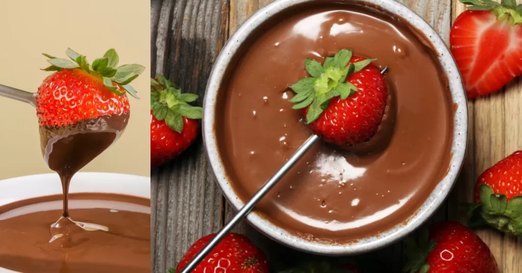 Morangos frescos sendo mergulhados em chocolate derretido, mostrando duas formas de servir: à esquerda, um morango é banhado no chocolate e retirado de uma tigela branca; à direita, um morango está parcialmente coberto de chocolate em uma tigela, cercado por outros morangos inteiros, sugerindo uma sobremesa especial para o Dia das Mães.