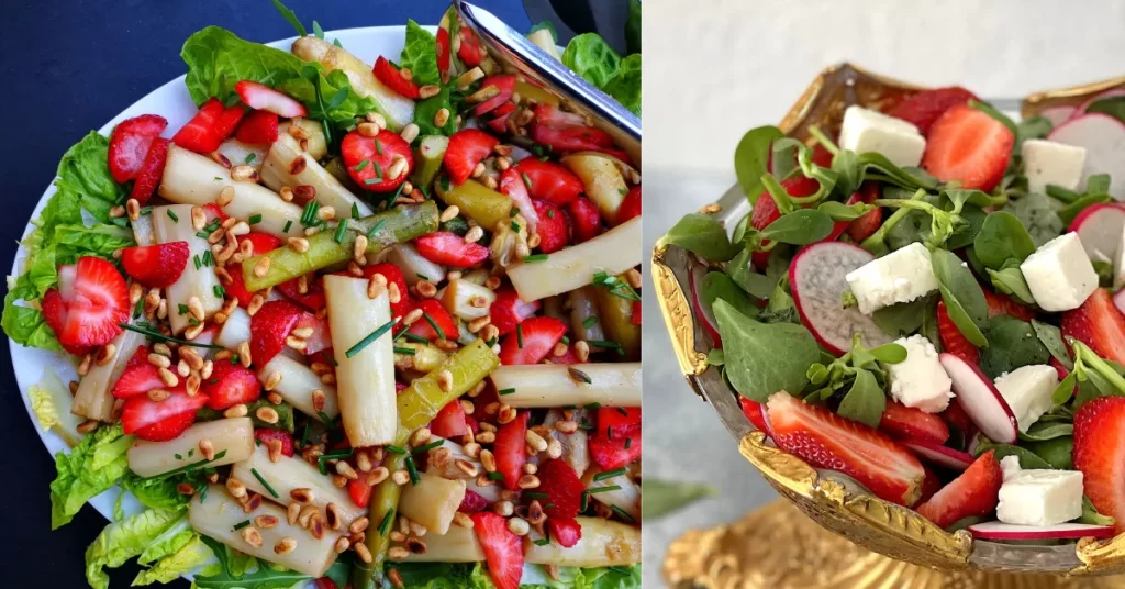 Duas saladas frescas para o Dia das Mães, ambas com morangos: à esquerda, salada colorida com aspargos verdes e brancos, morangos fatiados, folhas verdes e sementes tostadas; à direita, salada com morangos, queijo branco em cubos, rabanetes fatiados e folhas verdes, servida em tigela dourada.