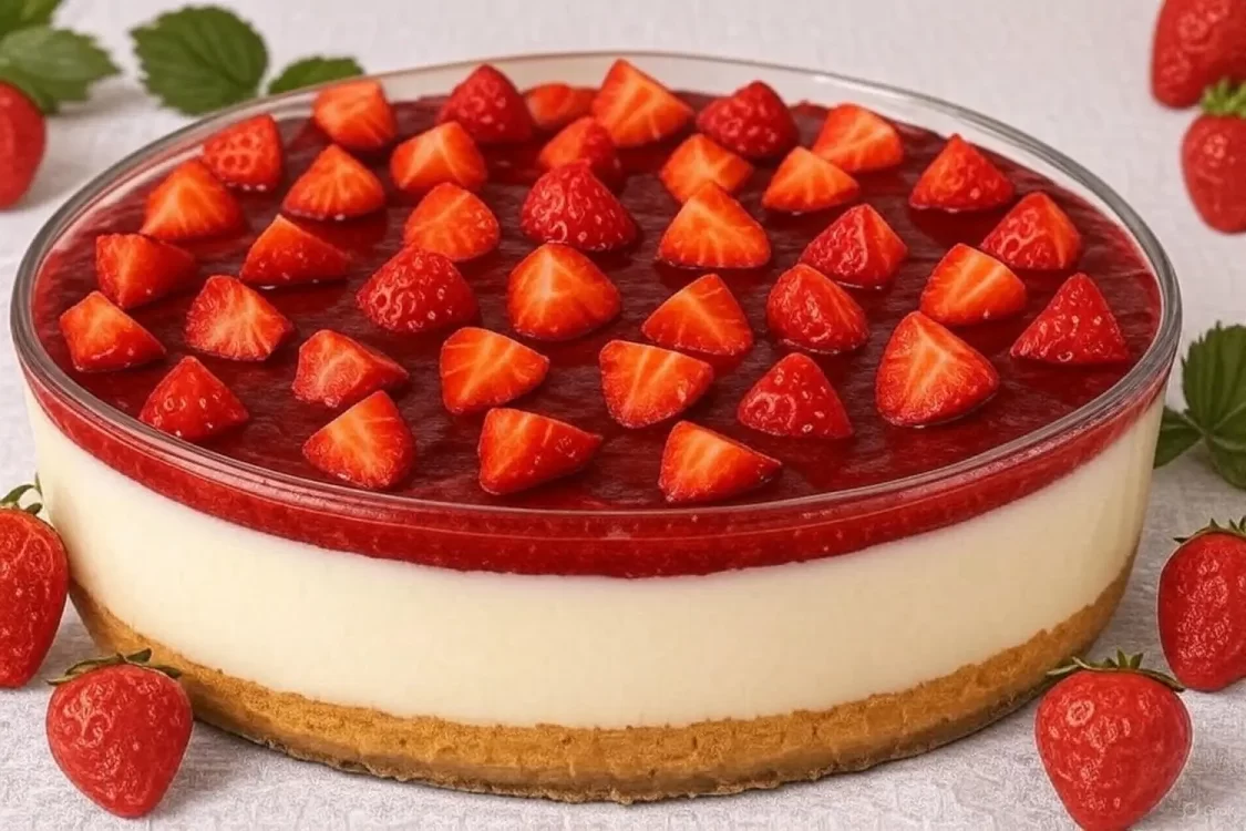 Cheesecake de morango na travessa: Fácil, gelado e irresistível