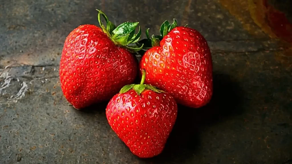 "Três morangos vermelhos frescos com gotas de água reluzentes, dispostos sobre uma superfície de pedra escura, destacando sua cor vibrante e textura suculenta." O que significa preferir morango a outras frutas, segundo a psicologia?